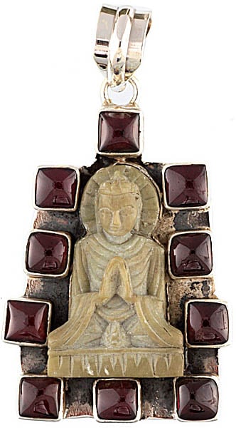 Preaching Buddha Pendant (Carved in Gray Stone from Bihar with Labradorite)