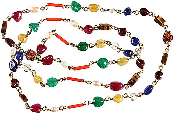 Multi-color Gemstone 54 Beads Rosary cum Necklace for Chanting Mantras or Syllables or Name of God (Ruby, Rose Quartz, Coral, Green Onyx, Lemon Topaz, Lapis Lazuli, Tiger Eye, Rudraksha, Crystal and Pearl)