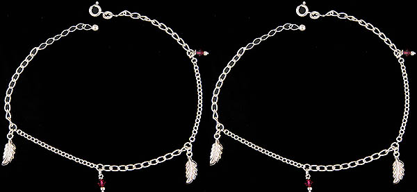 Sterling Chain Anklets with Dangling Leaves (Price Per Pair)
