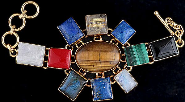 Gemstone Bracelet (Rainbow Moonstone, Red Stone, Tiger Eye, Lapis Lazuli, Malachite, Black Onyx, Labradorite and Rutilated Quartz)