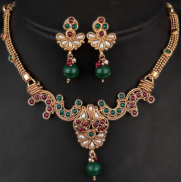 Tri-color Polki Necklace and Earrings Set with Faux Ruby, Emerald, Pearl