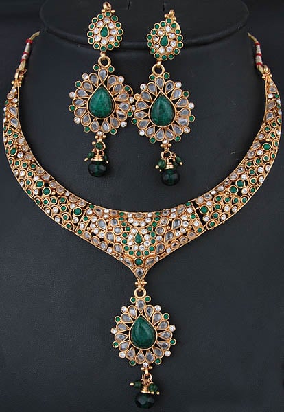 Green Polki Necklace and Earrings Set with Faux Emerald