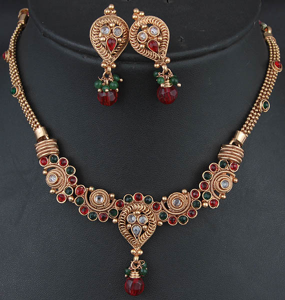 Polki Necklace and Earrings Set with Faux Emerald, Ruby and Cut Glass
