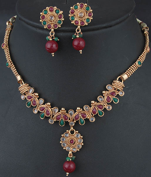 Polki Necklace and Earrings Set with Faux Ruby, Emerald and Cut Glass