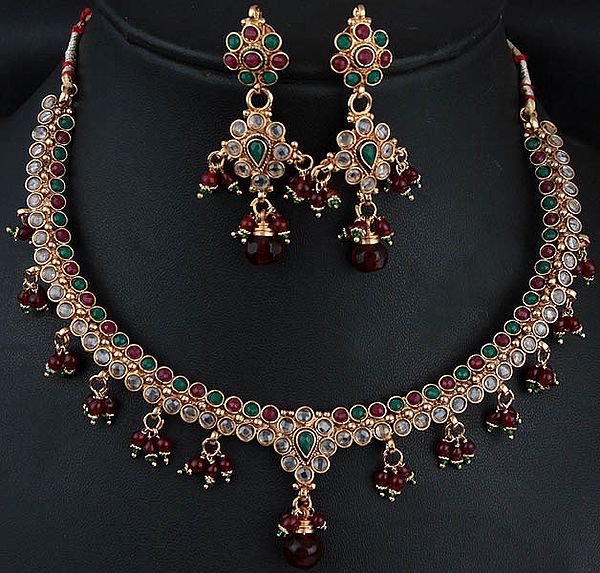 Faux Ruby and Emerald Polki Necklace and Earrings Set and Cut Glass