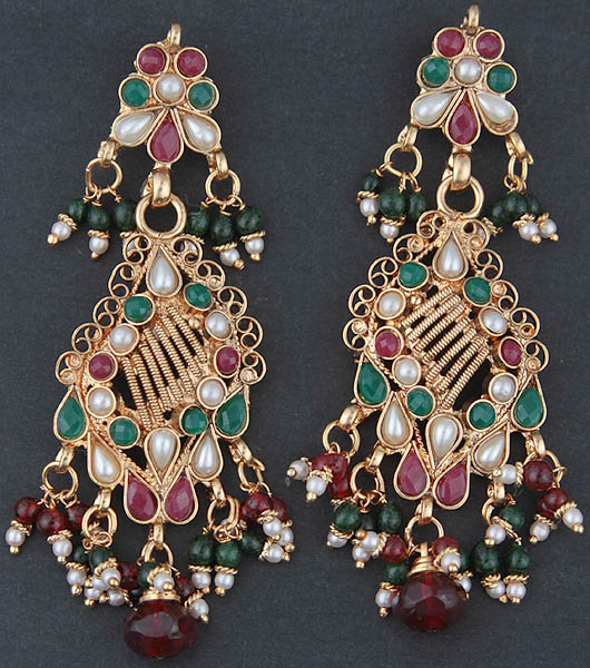 Polki Earrings with Faux Ruby, Emerald and Pearl