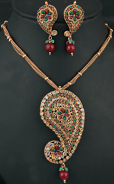 Polki Necklace with Faux Ruby, Emerald, Large Paisley Pendant and Earrings Set