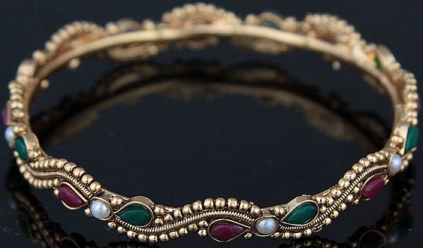 Set of Two Polki Bangles with Faux Emerald, Pearl and Ruby