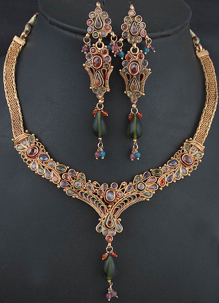Multi-color Polki Necklace and Earrings Set with Cut Glass