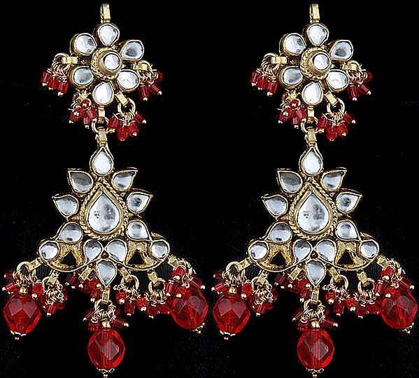 Kundan Post Earrings with Dangling Orange Beads