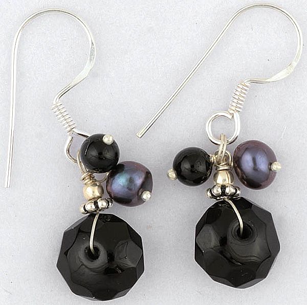 Faceted Black Onyx and Blue Pearl Earrings