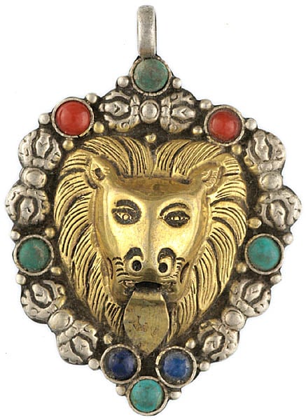 Lion Face Pendant with Coral, Turquoise and Lapis Lazuli