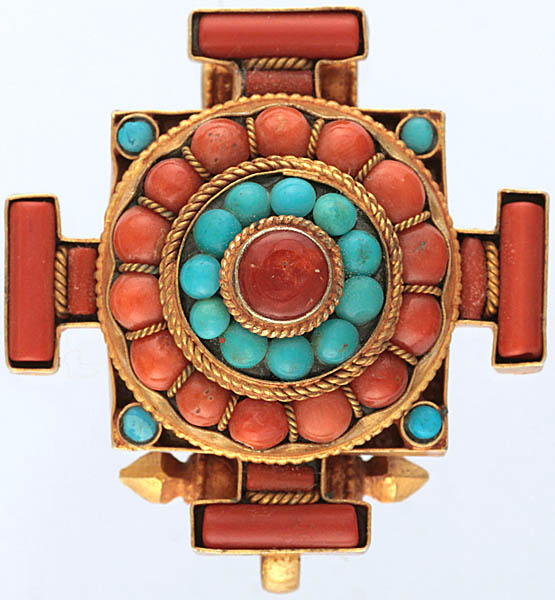 Gau Box Mandala Pendant with Coral and Turquoise
