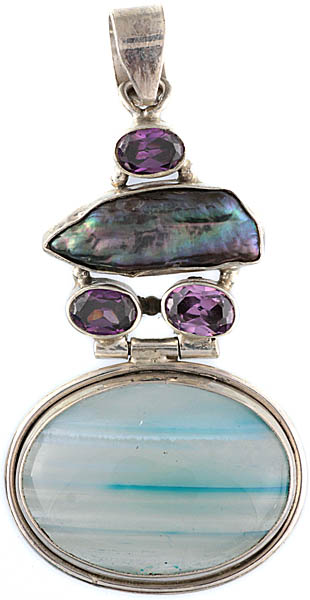 Banded Green Onyx Pendant with Pearl and Faceted Amethyst