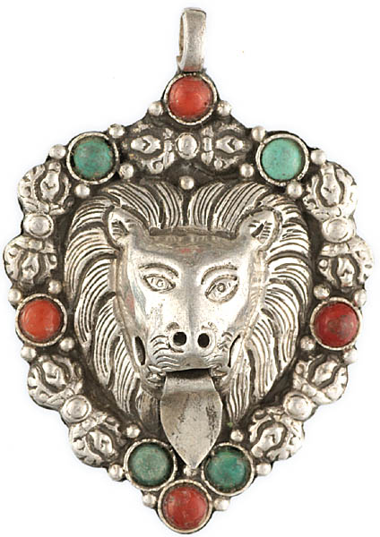 Lion Pendant with Coral and Turquoise