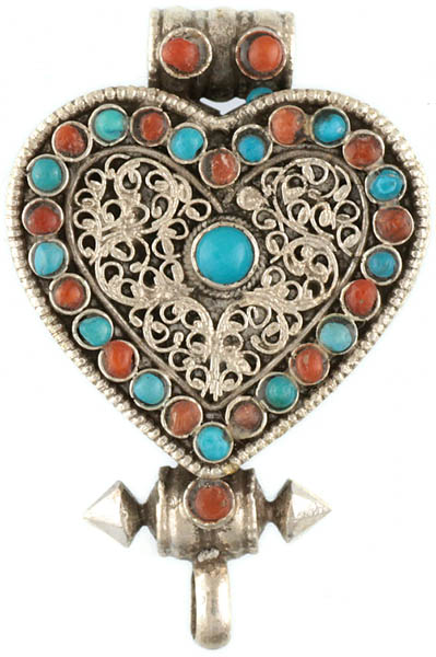 Valentine Gau Box Pendant with Coral, Turquoise and Filigree