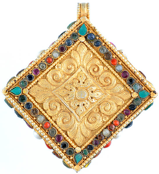 Tibetan Gold Plated Gau Box Pendant with  Gemstones (Turquoise, Lapis Lazuli, Coral, Amethyst, Ruby and Pearl)