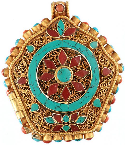 Gold Plated Gau Box Pendant with Coral, Turquoise and Filigree