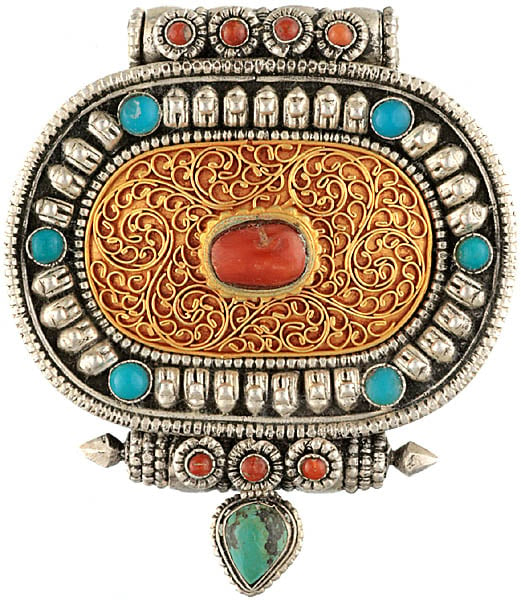 Gau Box Pendant with Coral and Turquoise