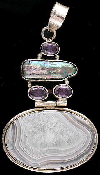 Fossil Pendant with Rugged Pearl and Faceted Amethyst