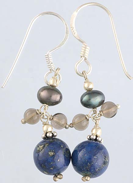 Lapis Lazuli Earrings with Pearl and Smoky Quartz