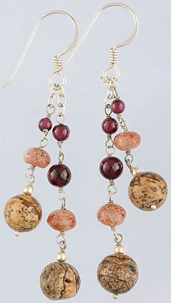 Agate Earrings with Garnet and Sunstone