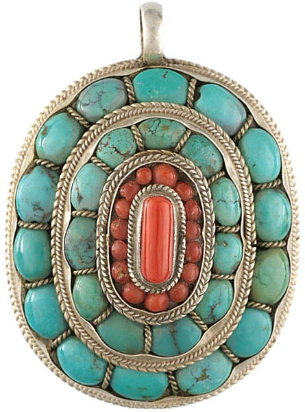 Turquoise and Coral Gau Pendant