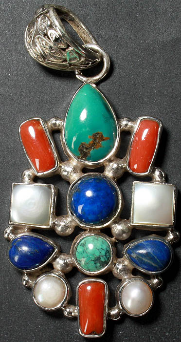 Gemstone Pendant (Coral, Turquoise, Pearl and Lapis Lazuli)