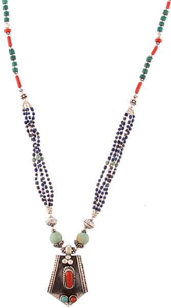 Multi-color Gemstone Necklace  (Turquoise, Coral and Lapis Lazuli)
