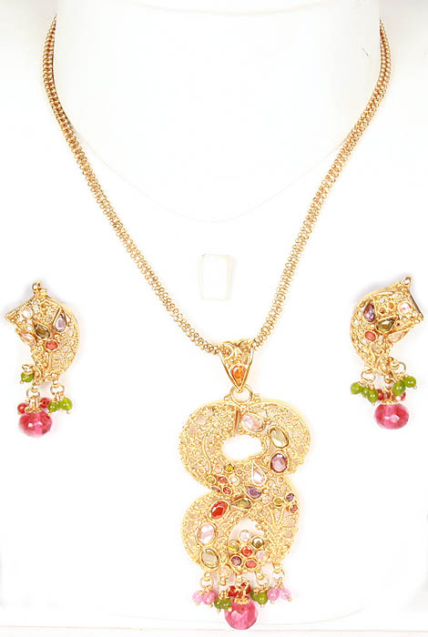 Polki Necklace and Earrings Set with Filigree Work