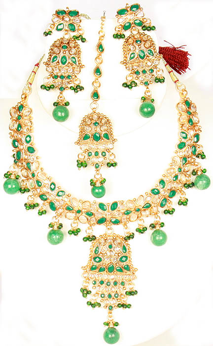 Emerald Green Polki Necklace Set with Cut Glass