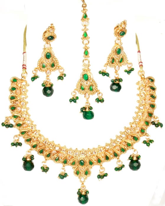 Polki Necklace Set with Cut Glass and Faux Emeralds