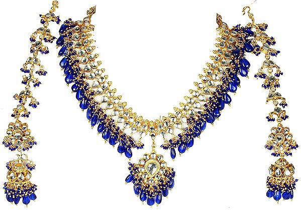 Royal Blue Kundan Necklace Set with Earwrap Earrings