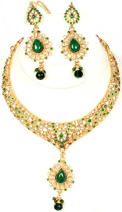 Green Polki Necklace Set with Cut Glass