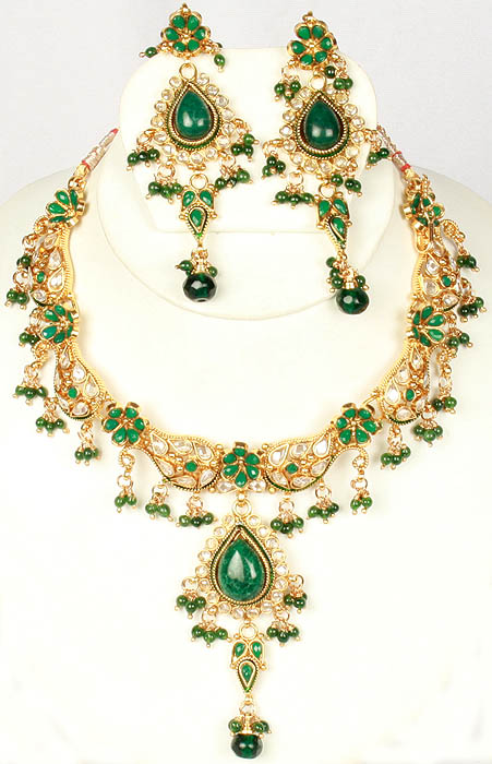 Gold-Plated Green Polki Necklace Set with Cut Glass