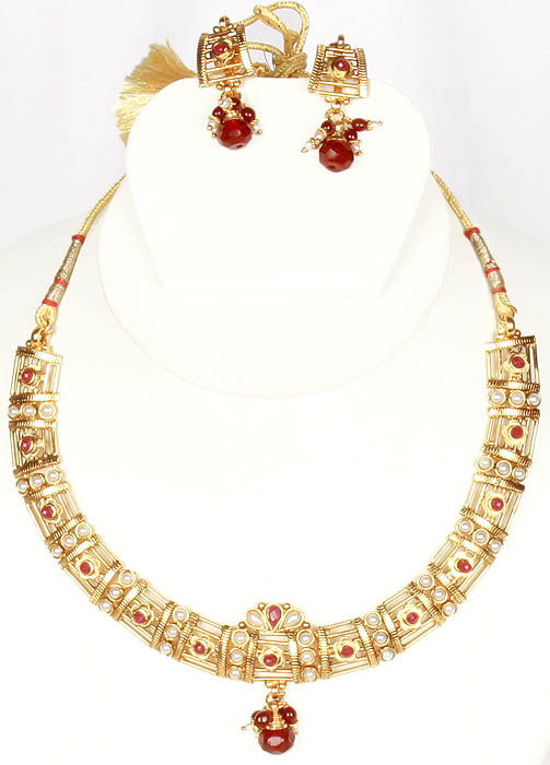 Polki Necklace and Earrings Set with Faux Rubies