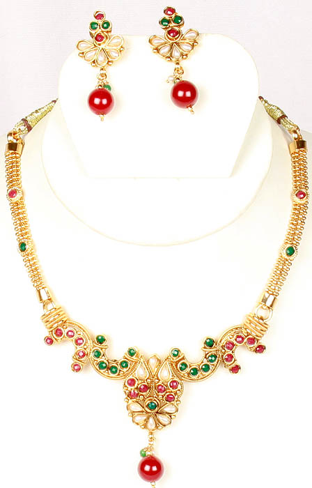 Polki Necklace Set with Faux Ruby and Emeralds