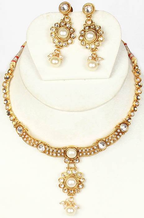 Polki Necklace and Earrings Set with Faux Pearls