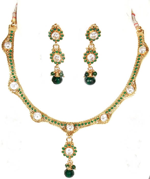 Faux Emerald Polki Necklace and Earrings Set with Cut Glass