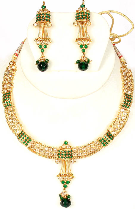 Green Polki Necklace and Earrings Set with Cut Glass