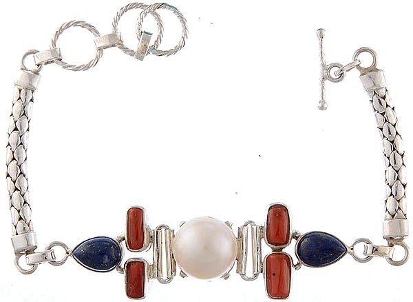 Pearl Bracelet with Coral and Lapis Lazuli