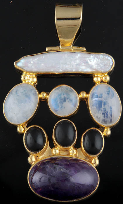 Gemstone Gold Plated Pendant (Pearl, Rainbow Moonstone, Black Onyx and Amethyst)
