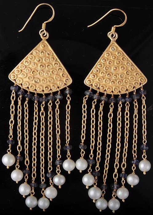Pearl Gold Plated Earrings with Iolite
