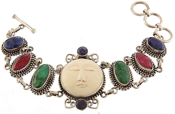Carved White Tara Face Bracelet with Gemstones (Sapphire, Emerald and Ruby)