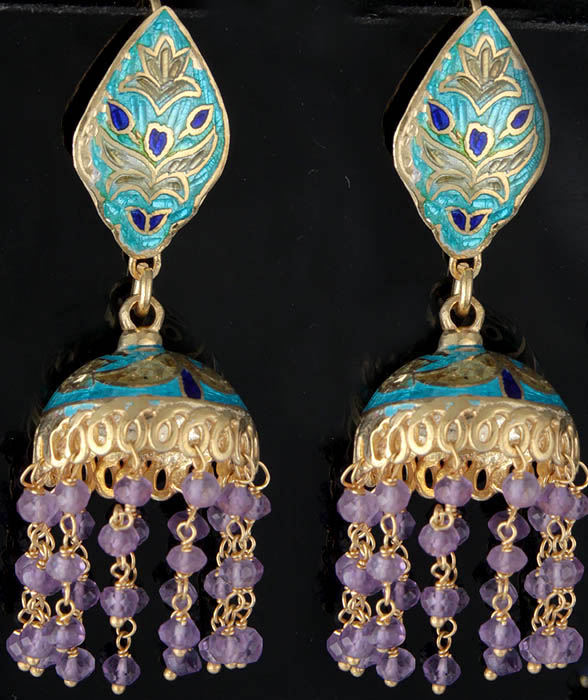 Faceted Amethyst Gold Plated Meenakari Earrings