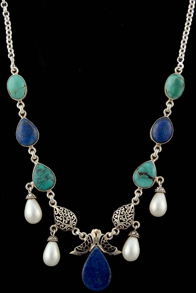 Pearl, Lapis Lazuli and Turquoise Necklace
