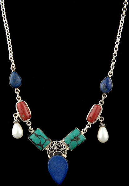 Pearl, Lapis Lazuli, Coral and Turquoise Necklace