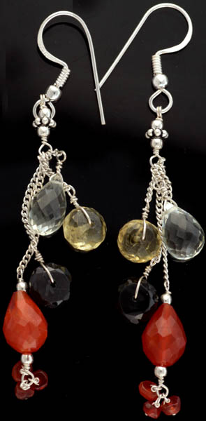 Faceted Carnelian, Black Onyx, Green Amethyst and Citrine Earrings