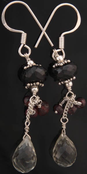 Faceted Black Onyx Earrings with Green Amethyst and Garnet
