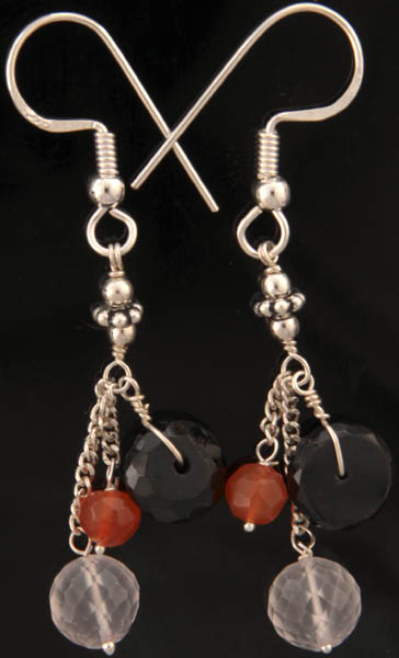 Faceted Rose Quartz, Black Onyx and Carnelian Earrings